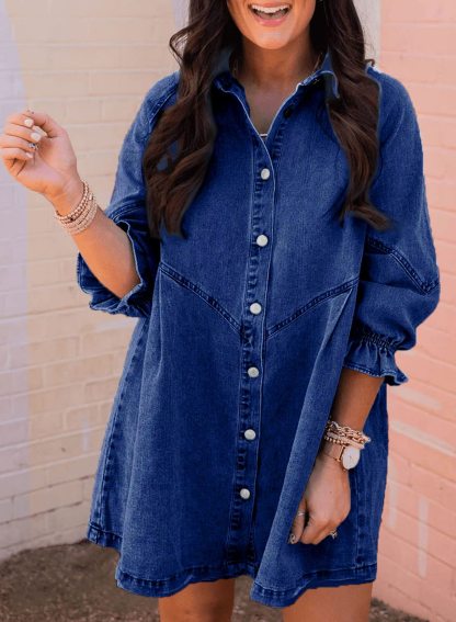Women's Ruffled 3/4 Sleeve Button-Down Denim Dress（Buy 2 Free Shipping）