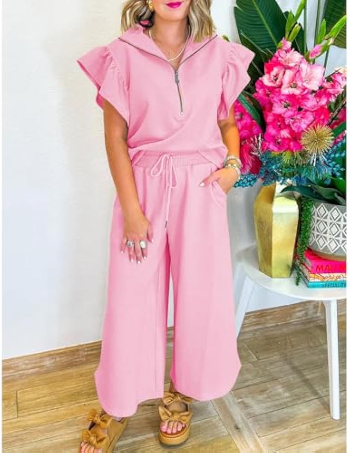 Ruffle Cap Sleeve Zip Top Wide Leg Pants Lounge Set Tracksuits