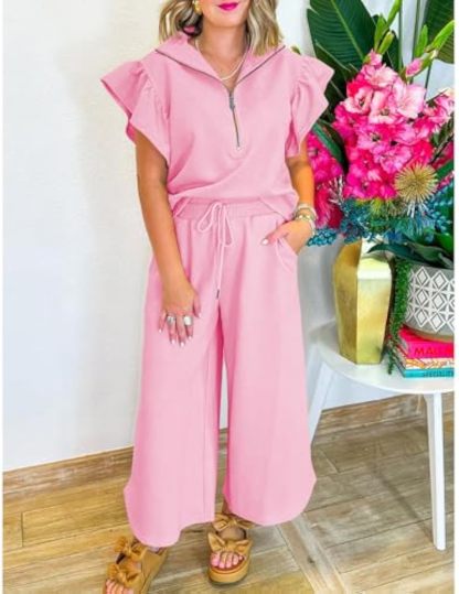 Ruffle Cap Sleeve Zip Top Wide Leg Pants Lounge Set Tracksuits