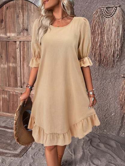 Solid Puff Sleeve Ruffle Hem Smock Dress (Buy 2 Free Shipping)-Pink Laura