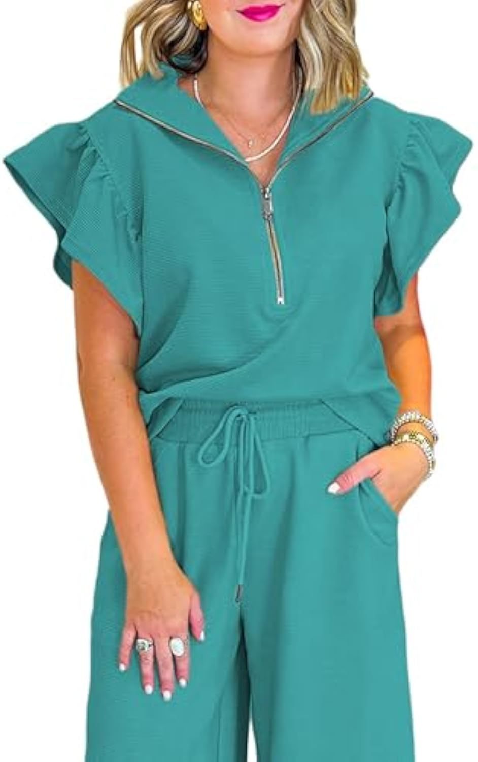 Ruffle Cap Sleeve Zip Top Wide Leg Pants Lounge Set Tracksuits