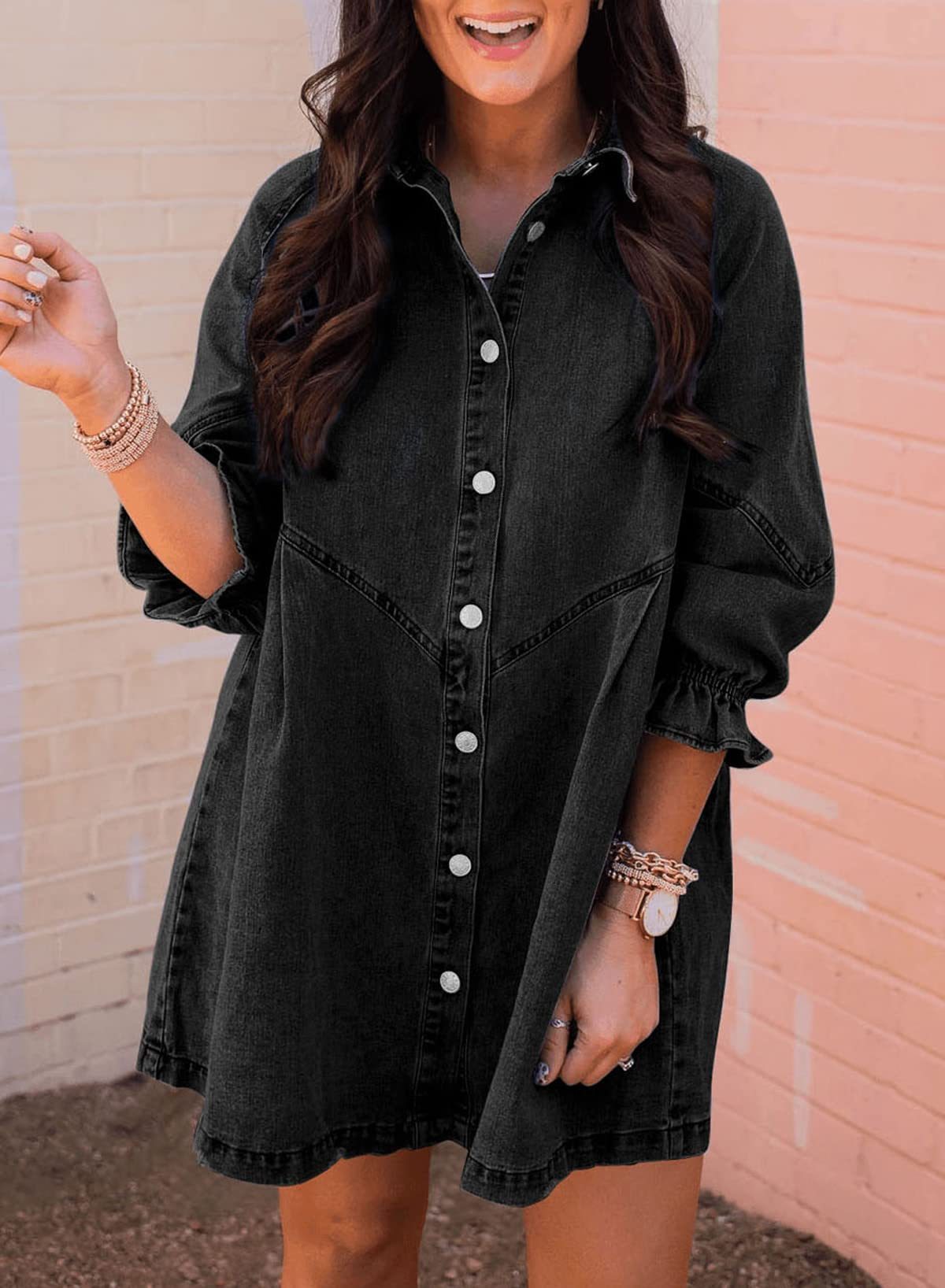 Women's Ruffled 3/4 Sleeve Button-Down Denim Dress（Buy 2 Free Shipping）