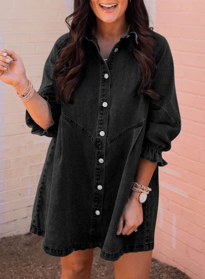 Women's Ruffled 3/4 Sleeve Button-Down Denim Dress（Buy 2 Free Shipping）