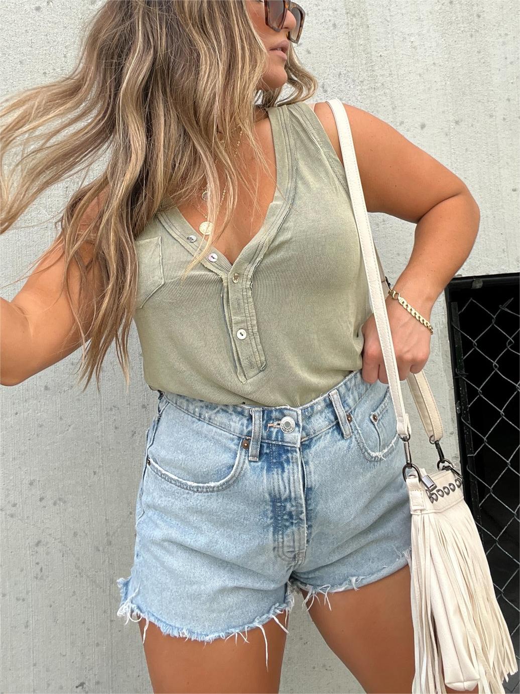 Women's Washed Button Tank (Buy 2 Free Shipping)-Pink Laura