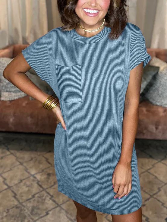 2024 RIBBED ROUND NECK POCKET DRESS(Buy 2 Free Shipping)