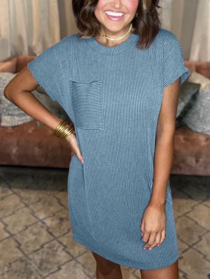 2024 RIBBED ROUND NECK POCKET DRESS(Buy 2 Free Shipping)