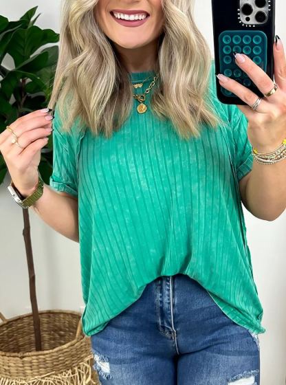 Washed Ribbed Plunger Short Sleeve (Buy 3 Free Shipping)