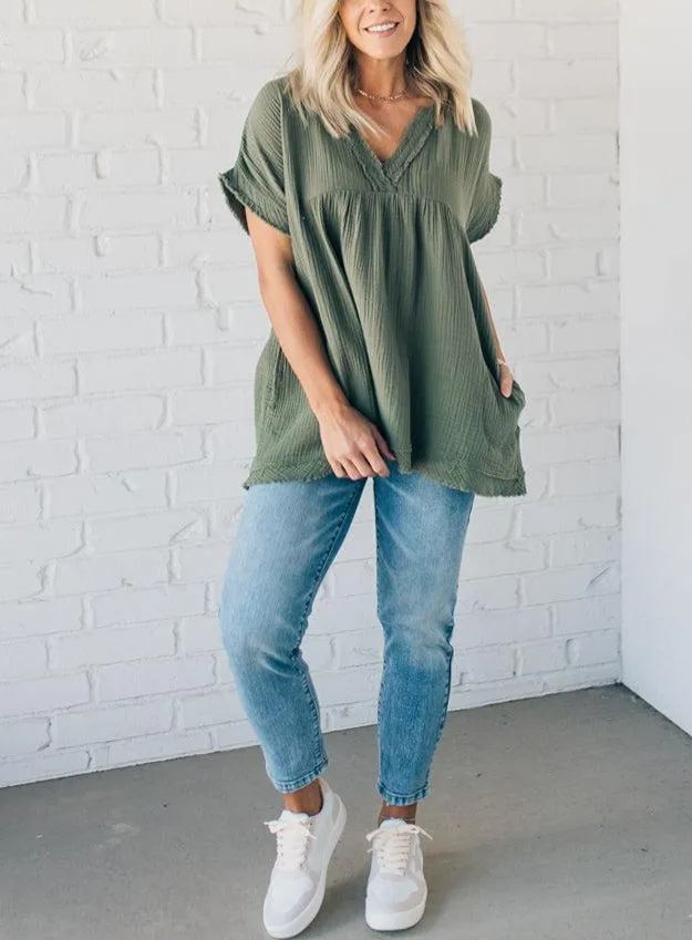 Women's V-neck Washed Babydoll Top（Buy 2 Free Shipping）