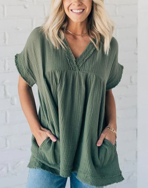 Women's V-neck Washed Babydoll Top（Buy 2 Free Shipping）