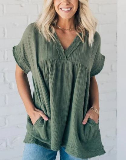 Women's V-neck Washed Babydoll Top（Buy 2 Free Shipping）