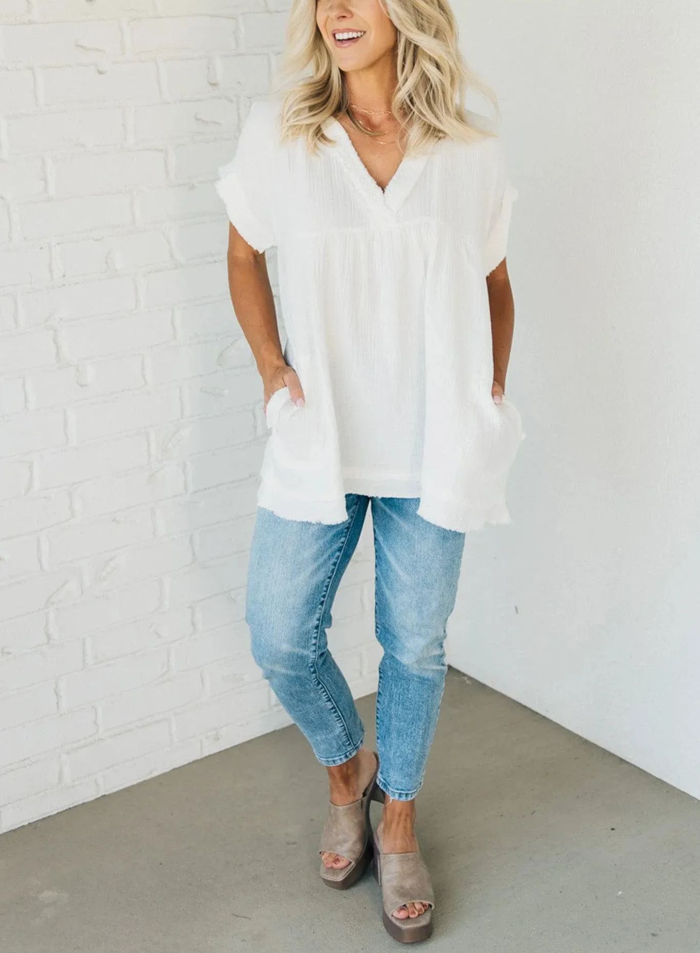 Women's V-neck Washed Babydoll Top（Buy 2 Free Shipping）