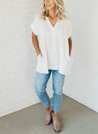 Women's V-neck Washed Babydoll Top（Buy 2 Free Shipping）