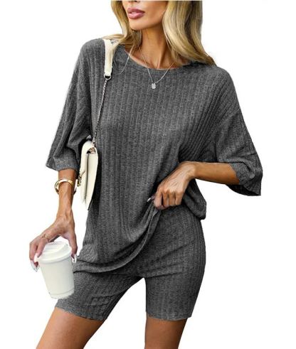 Women's Ribbed Short Sleeve Drop Shoulder Tee And Shorts Set (Buy 2 Free Shipping) 