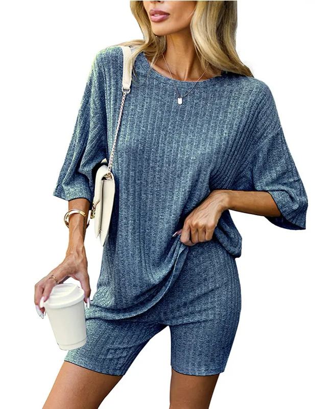 Women's Ribbed Short Sleeve Drop Shoulder Tee And Shorts Set (Buy 2 Free Shipping) 