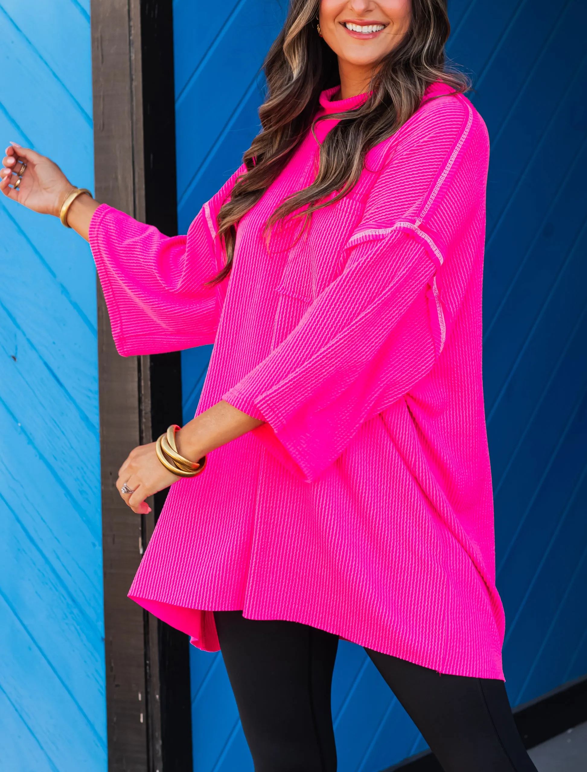 Oversized 3/4 Sleeve Ribbed Pocket Tee（Buy 3 Free Shipping）