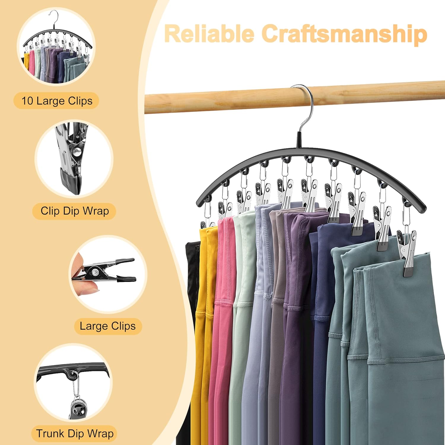 Legging Organizer for Closet, Metal Yoga Pants Hanger w/Rubber Coated 4 Pack w/10 Clips Hold 40 Leggings
