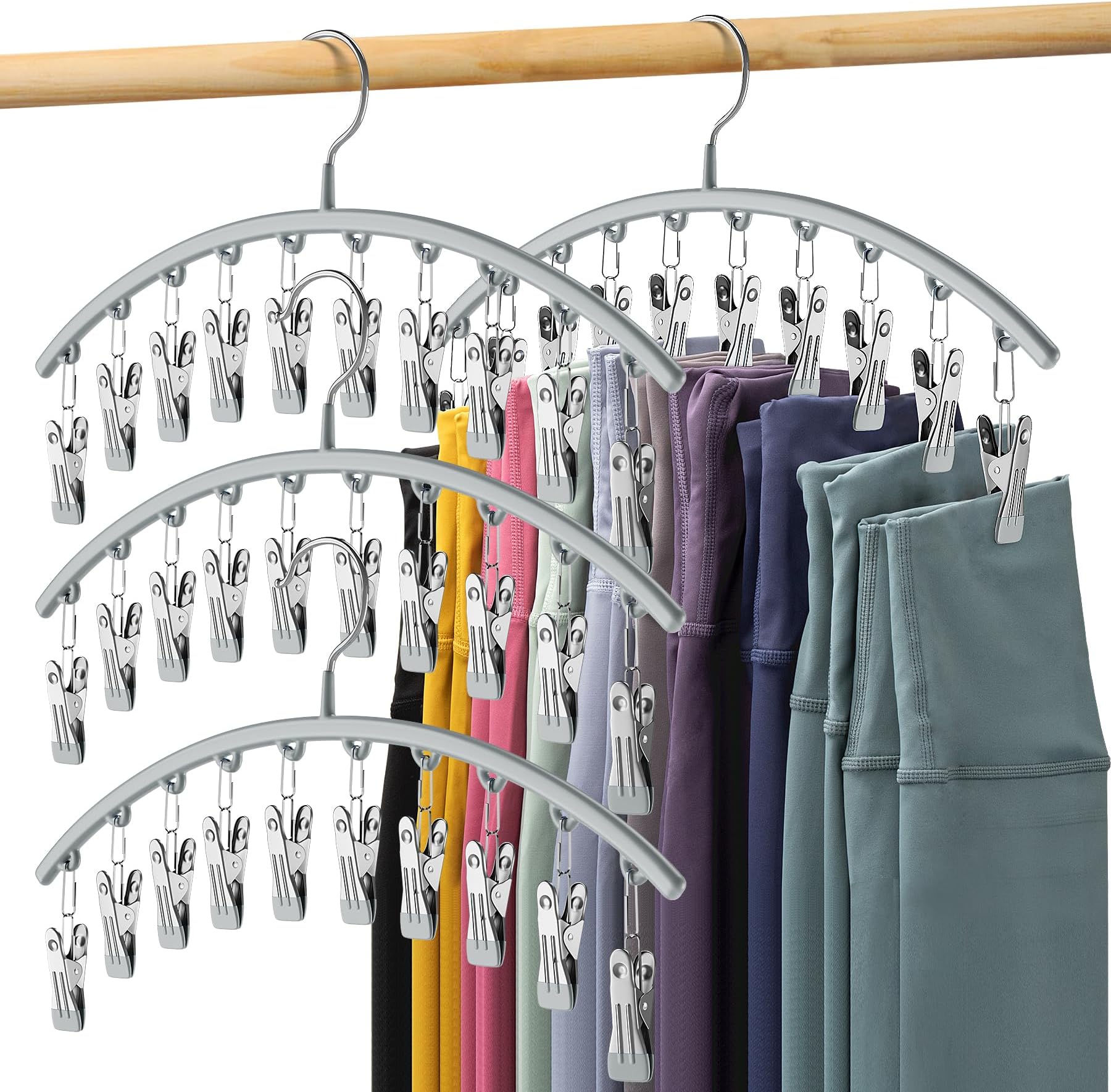 Legging Organizer for Closet, Metal Yoga Pants Hanger w/Rubber Coated 4 Pack w/10 Clips Hold 40 Leggings