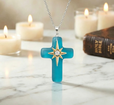 🌊 Ocean Blessed Cross Sea Glass Pendant – Faith-Inspired Natural Glass Hanging Ornament ✝️✨