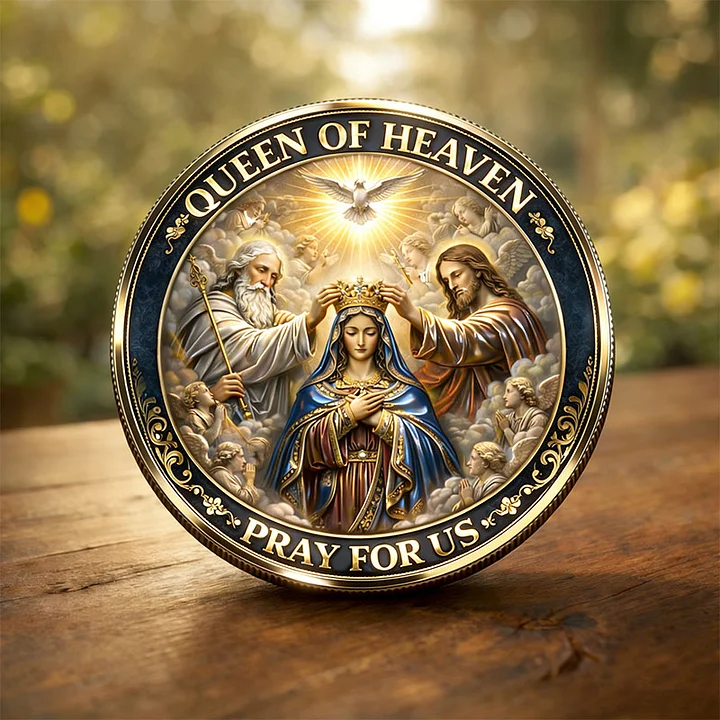 Our Lady of the Rosary Protection Coin – Queen of Heaven Pray For Us Religious Collectible