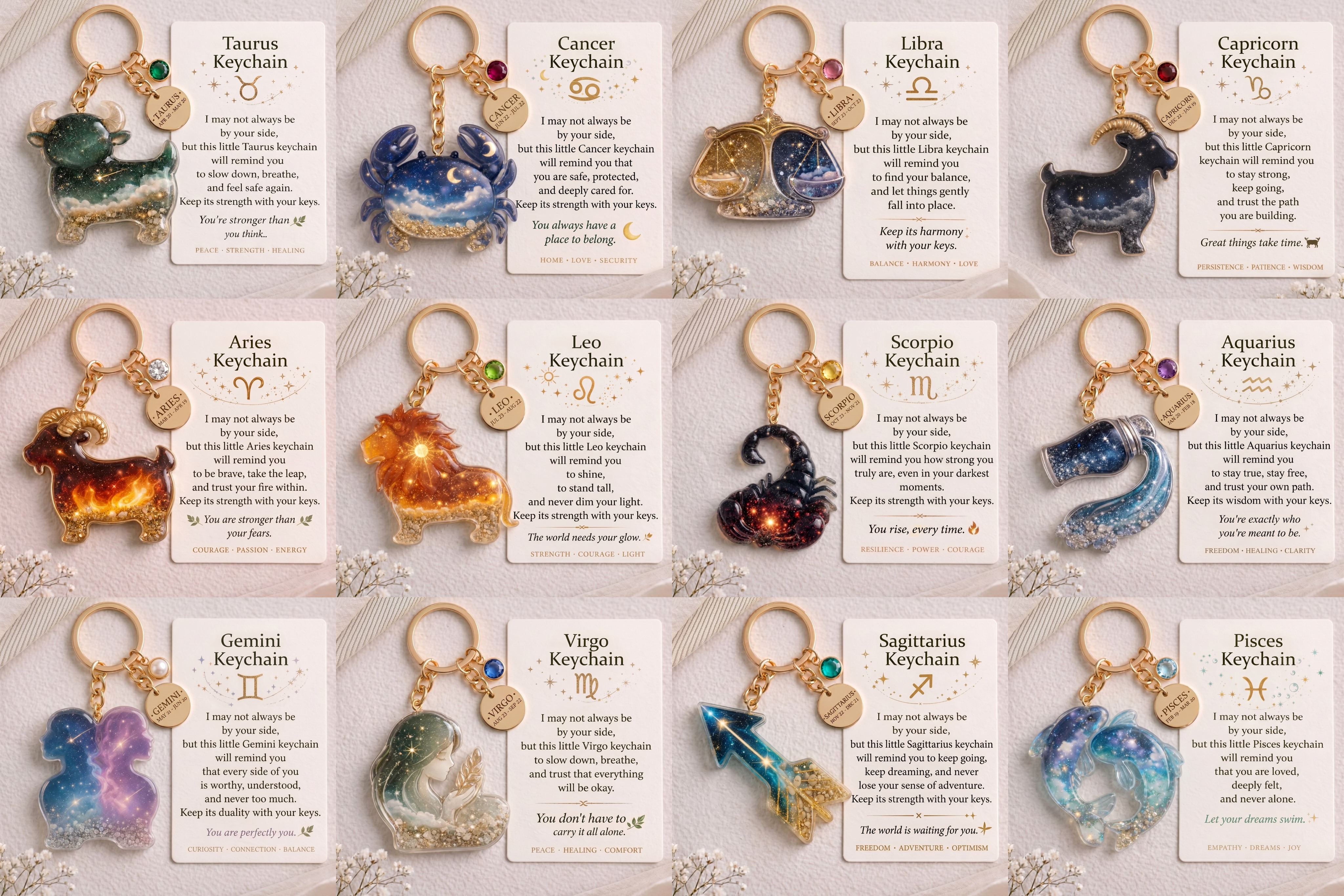 Zodiac Sign Keychain Collection with Inspirational Card