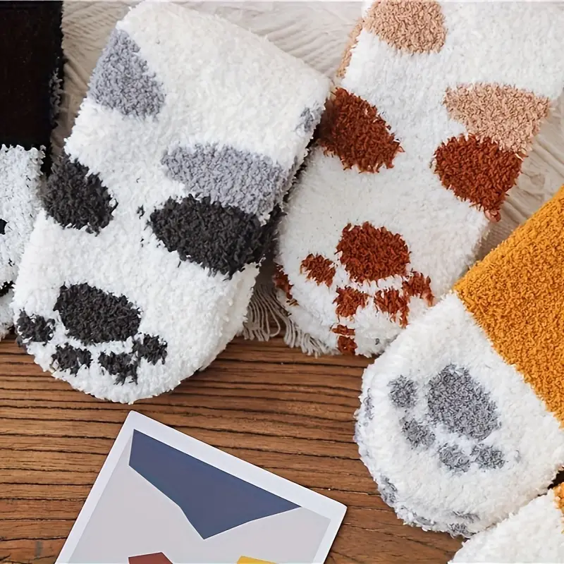 womens cozy cartoon cat claw slipper socks 5 pairs knee length polyester and spandex blend warm plush coral fleece knit fabric   winter fluffy socks hand   clean 7
