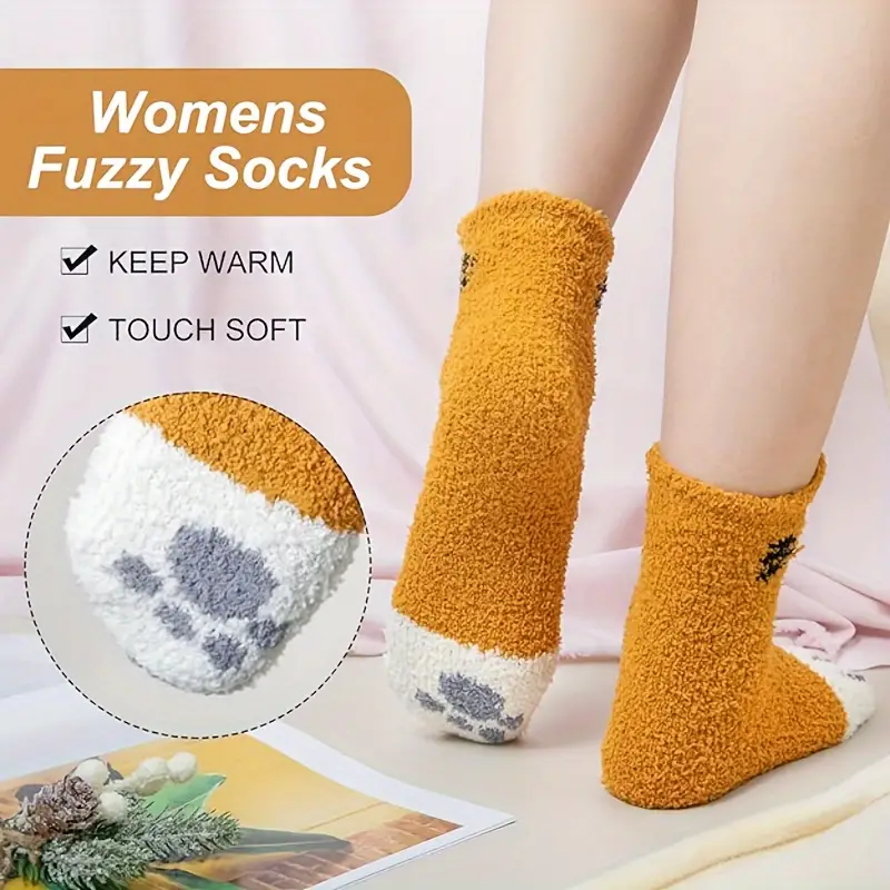womens cozy cartoon cat claw slipper socks 5 pairs knee length polyester and spandex blend warm plush coral fleece knit fabric   winter fluffy socks hand   clean 4