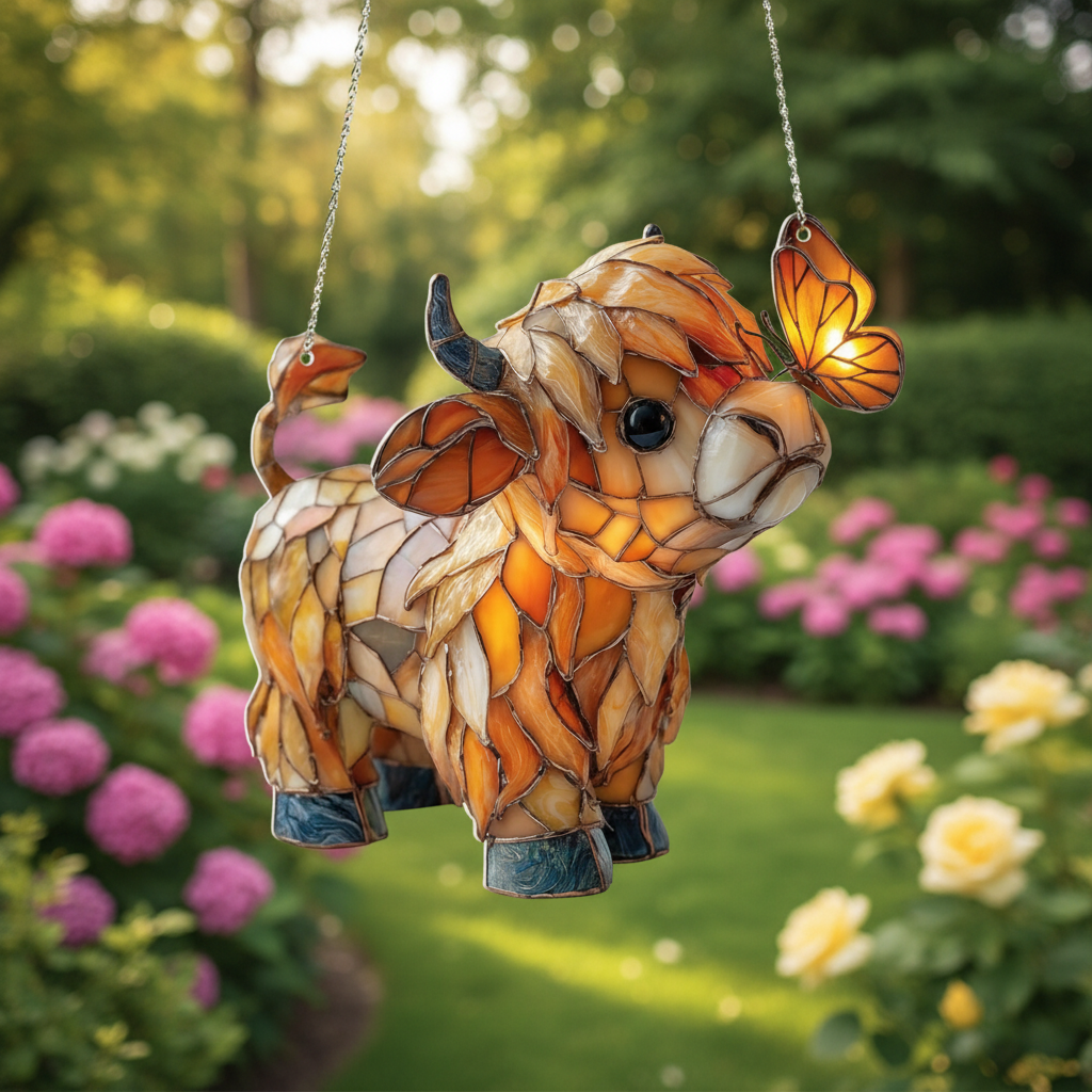 Highland Cow Butterfly Suncatcher | Stained Glass Style Window Hanging