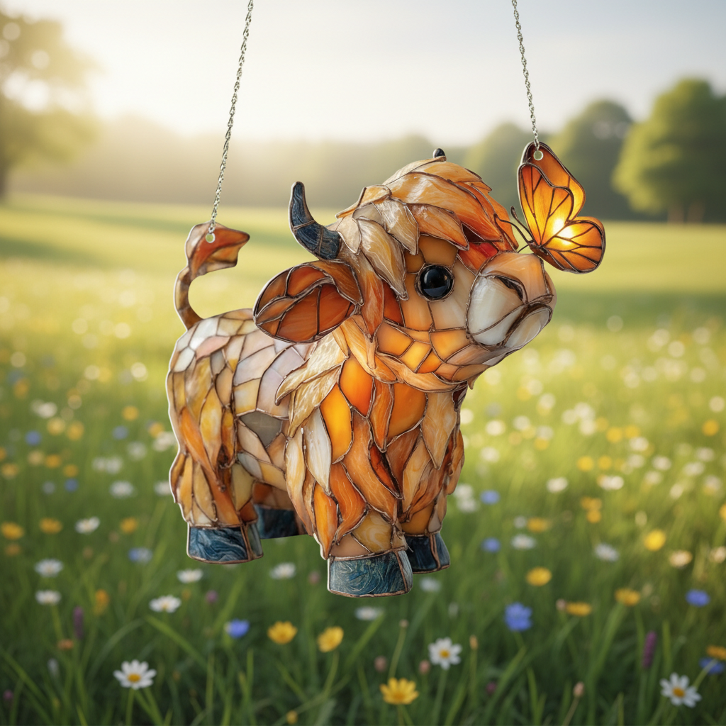 Highland Cow Butterfly Suncatcher | Stained Glass Style Window Hanging