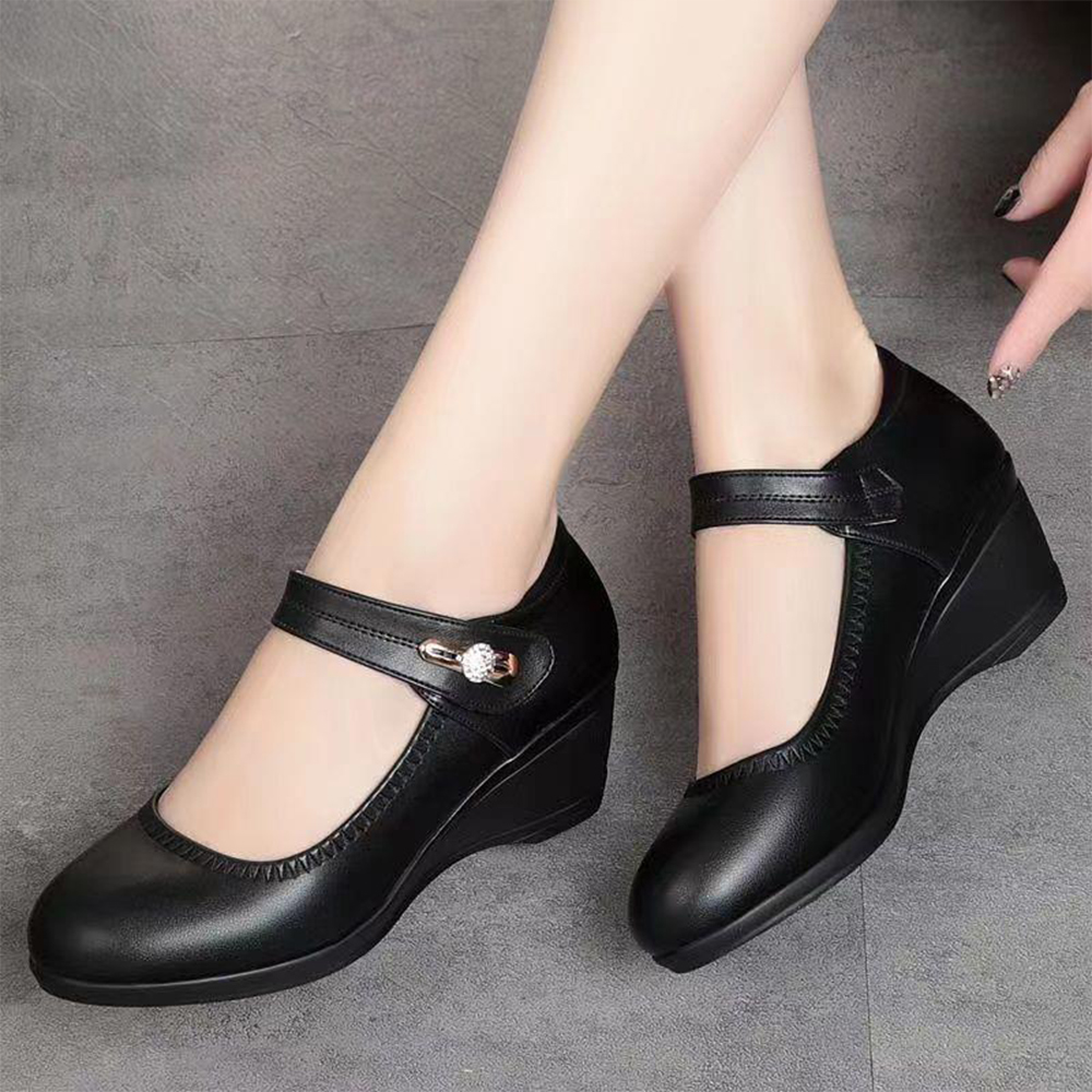 Shobous Genuine Leather Soft-soled Slope Heel Shoes