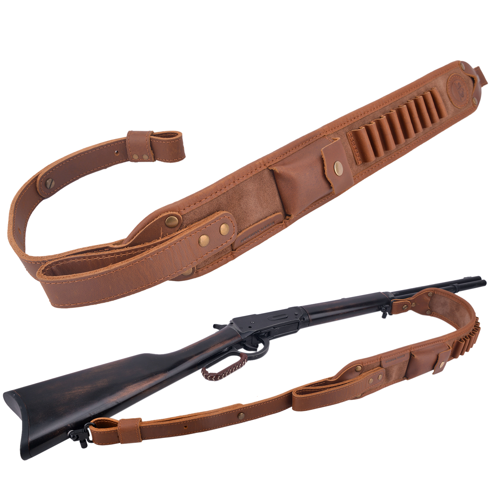 Classic Leather Rifle Sling Gun Carry Straps Cartridge Shell Holder With Swivels