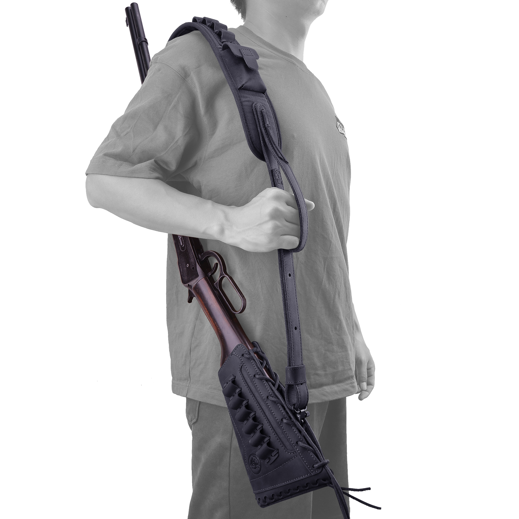 Leather Gun Buttstock Holster with Canvas Gun Sling / 2 Swivels .308 .30-06 .45-70