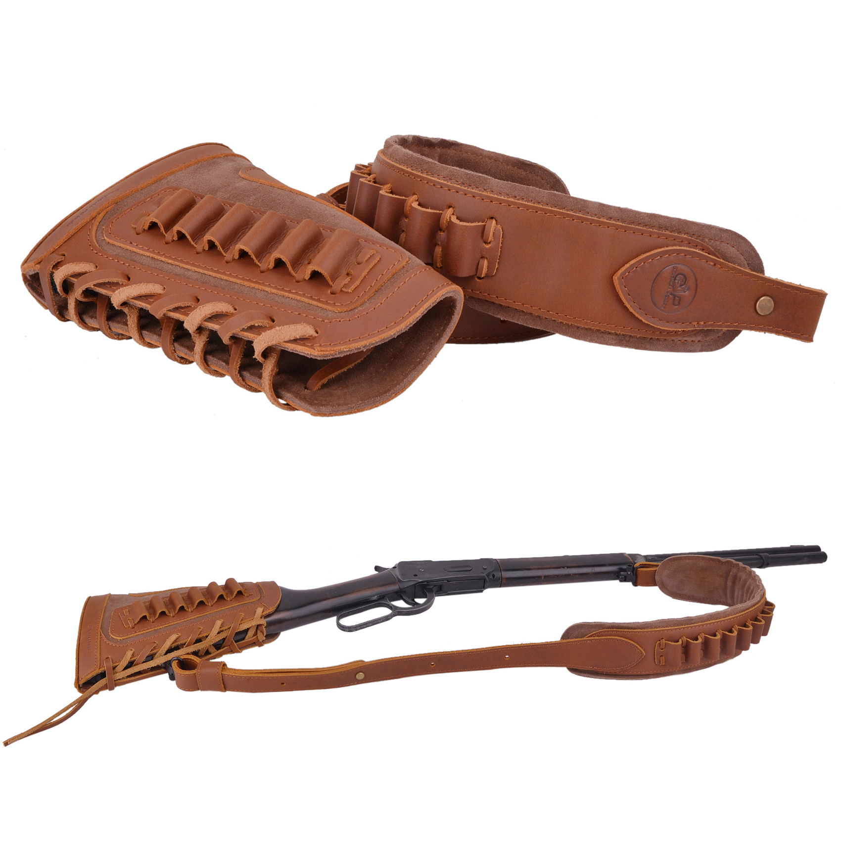 Brown Leather Rifle Buttstock With Gun Sling Shell Holder For .308 .30-06 .45-70 .40-65 22-250 300