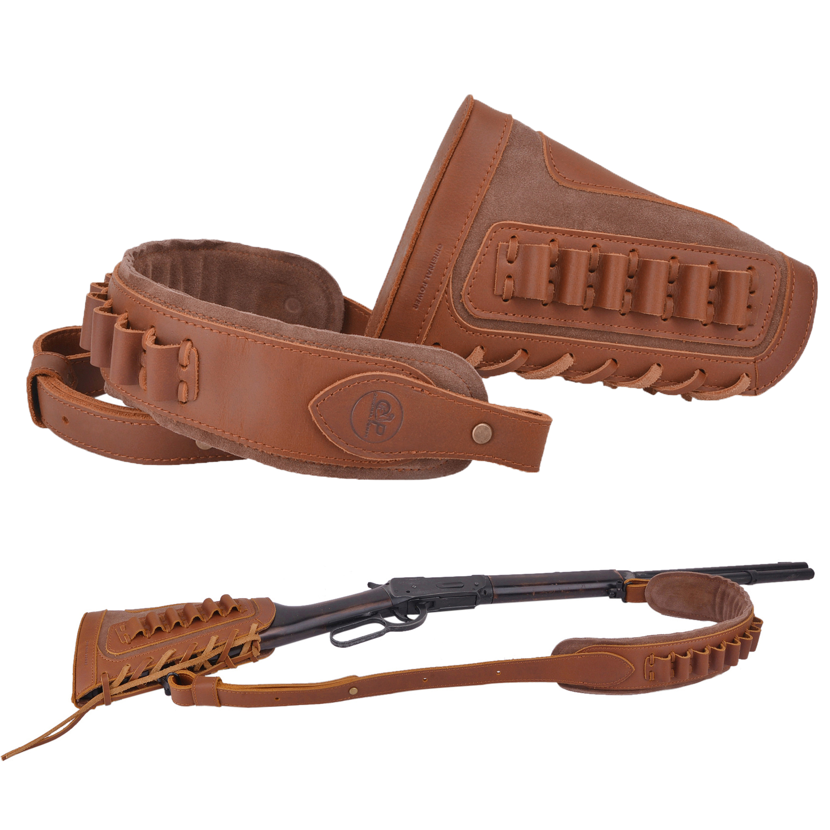 Brown Leather Rifle Buttstock With Gun Sling Shell Holder For .308 .30-06 .45-70 .40-65 22-250 300