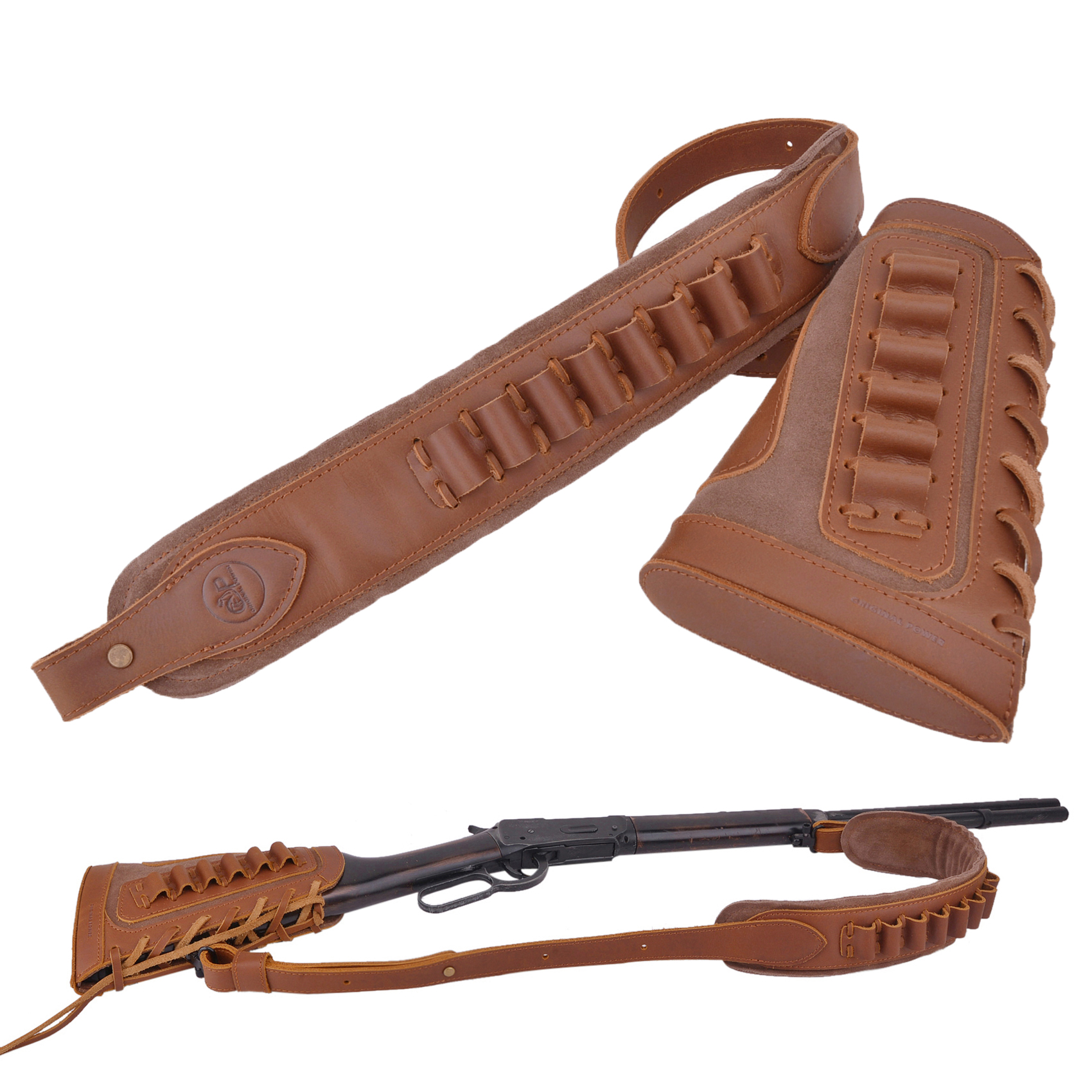 Brown Leather Rifle Buttstock With Gun Sling Shell Holder For .308 .30-06 .45-70 .40-65 22-250 300