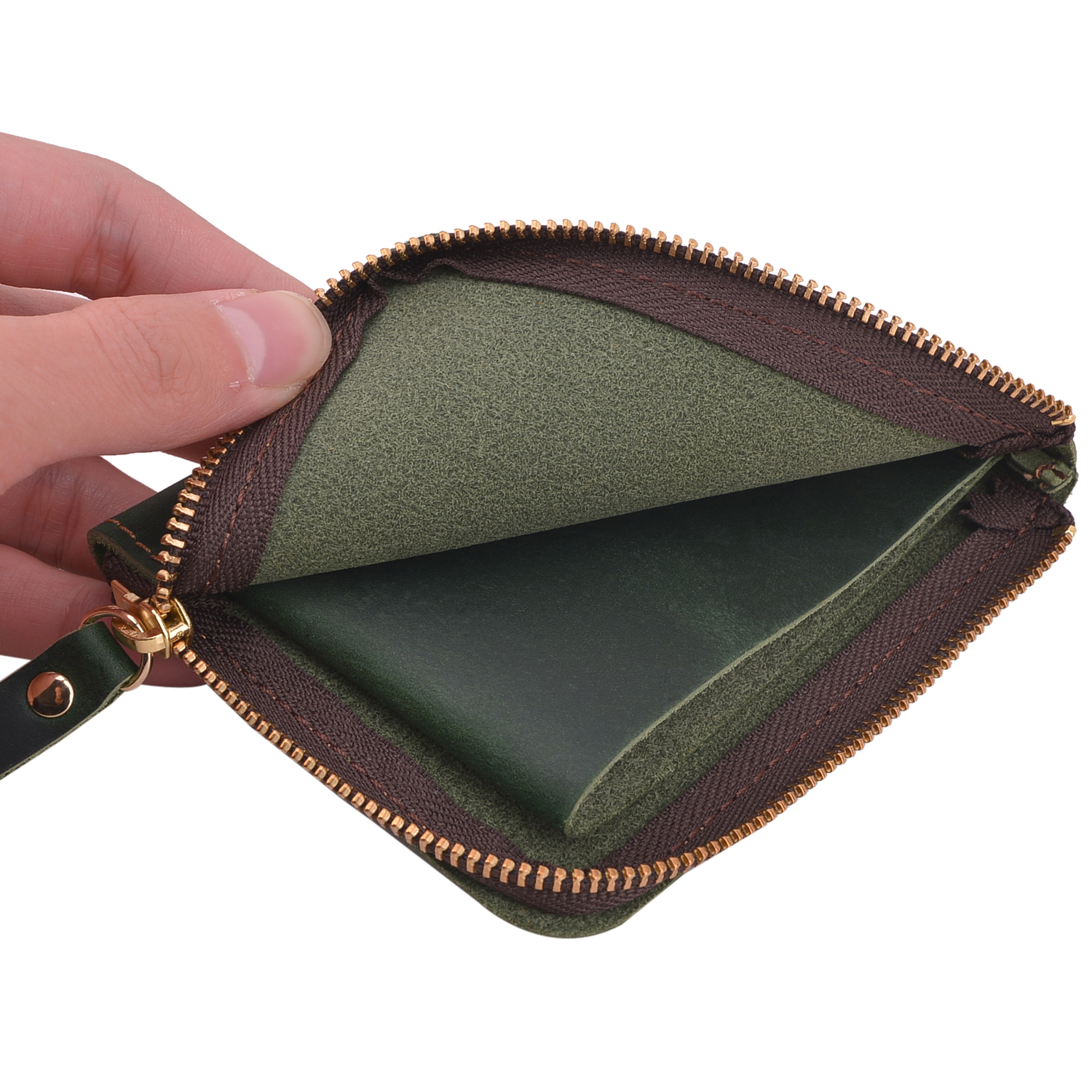 Portable Cowhide Leather Coin Purse Handmade Coin Wallet Bag in Brown Green