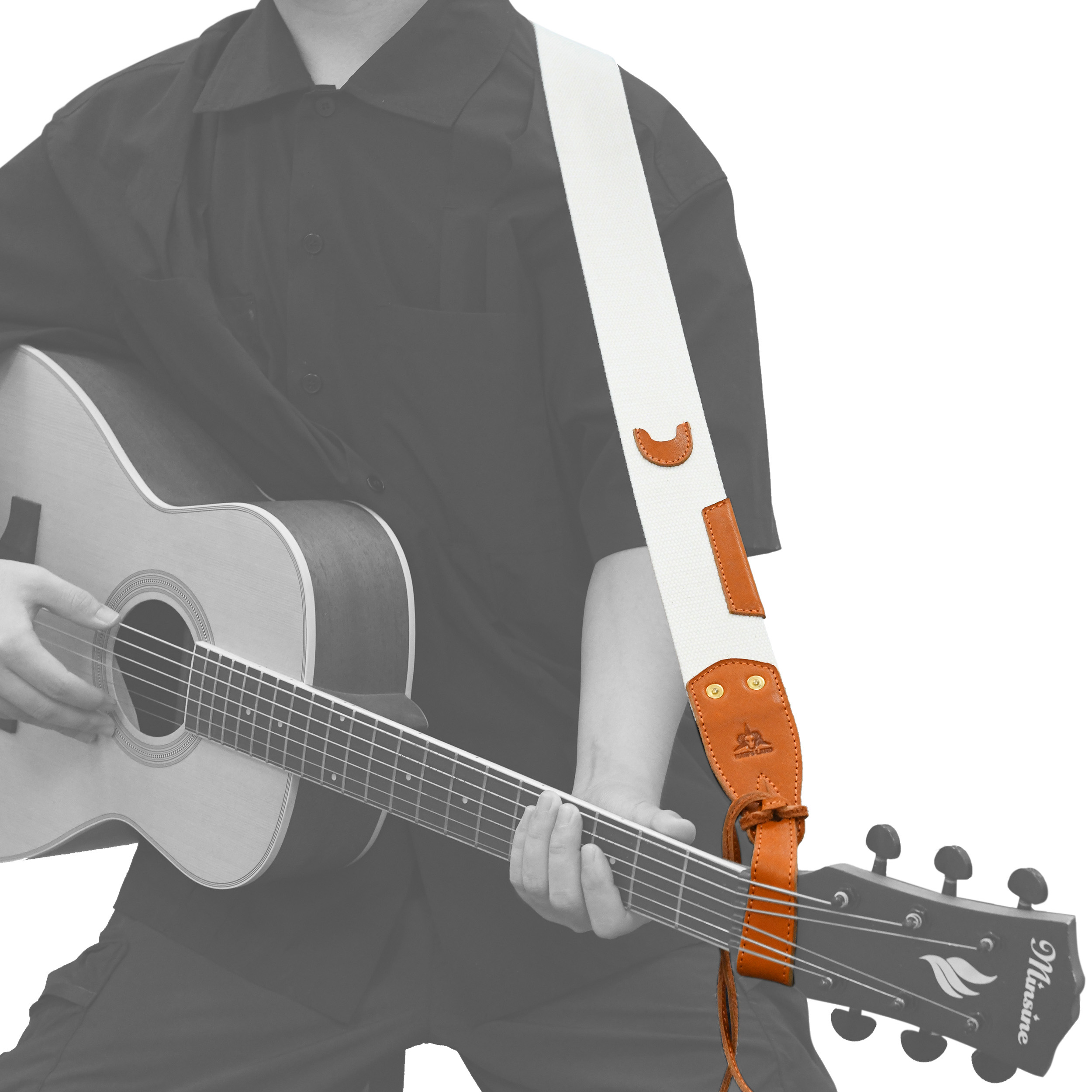 White Guitar Strap, Soft Cotton & Leather Ends Strap for Electric & Bass Guitars