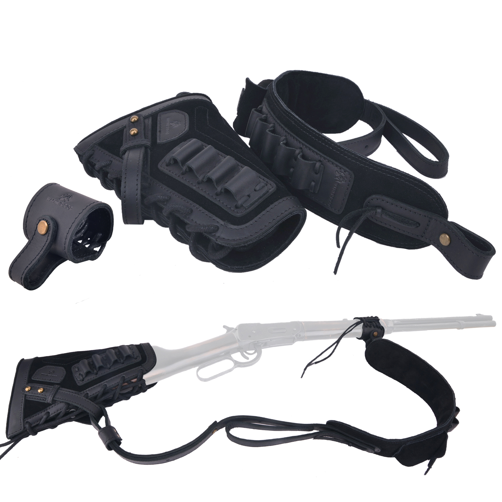  1 Set Leather No Drill Buttstock With Gun Sling , Barrel  Mount  For .308 .45-70 .30-06 410GA Shell Holder