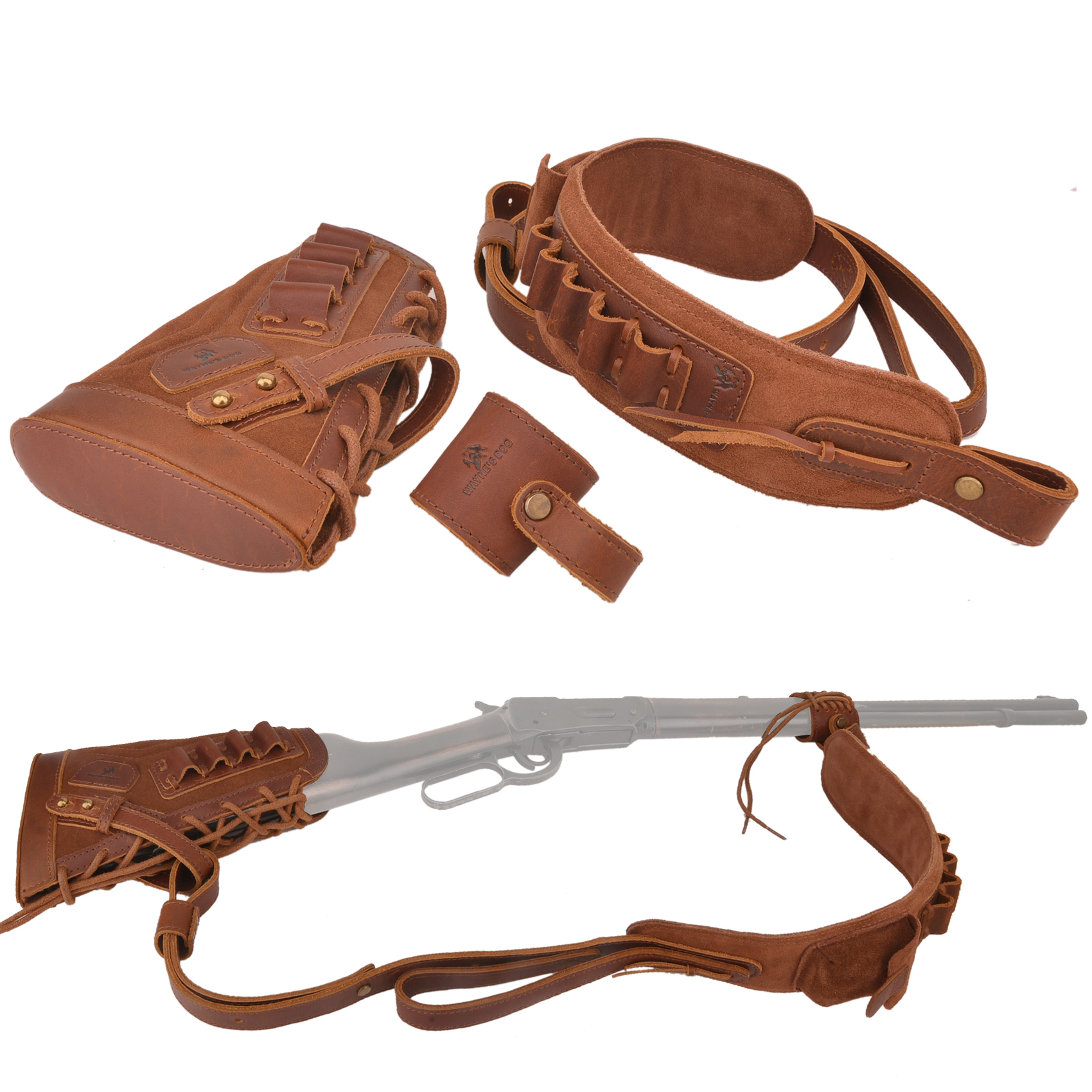  1 Set Leather No Drill Buttstock With Gun Sling , Barrel  Mount  For .308 .45-70 .30-06 410GA Shell Holder
