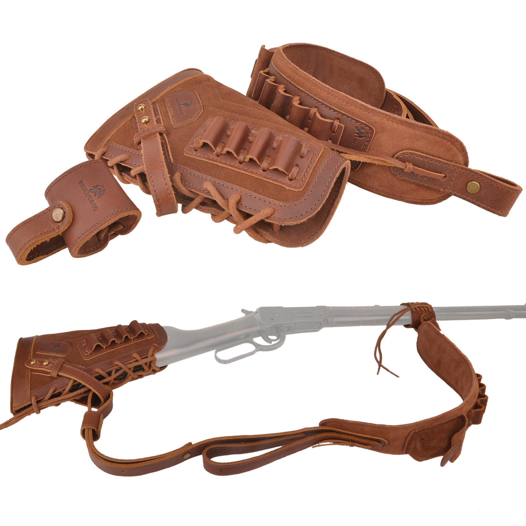  1 Set Leather No Drill Buttstock With Gun Sling , Barrel  Mount  For .308 .45-70 .30-06 410GA Shell Holder