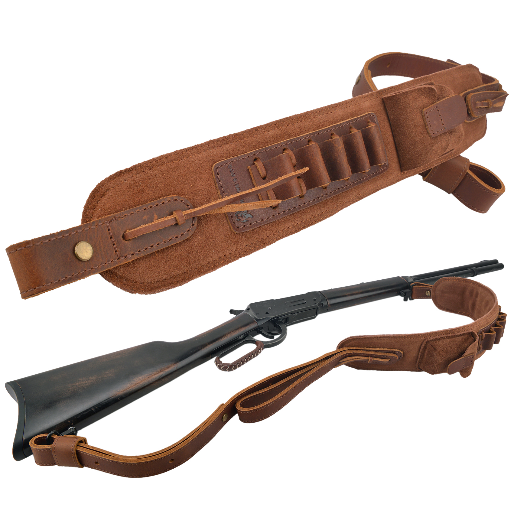 Top-Grain Leather Ammo Holder Rifle Shotgun Sling for .308 .30-06 .45-70 .44MAG