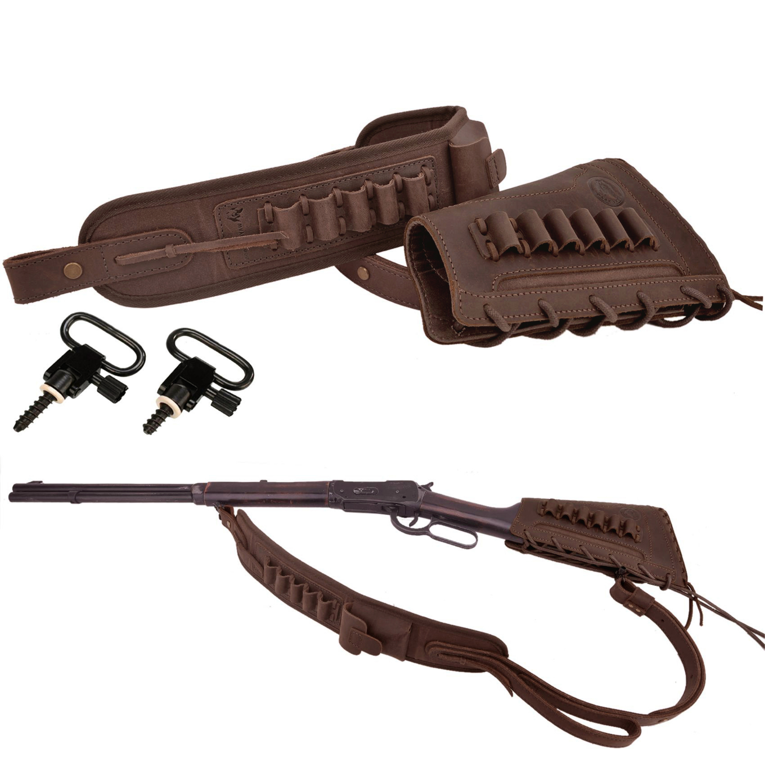 Leather Gun Buttstock Holster with Canvas Gun Sling / 2 Swivels .308 .30-06 .45-70 .357 .30-30 .22LR .17hmr