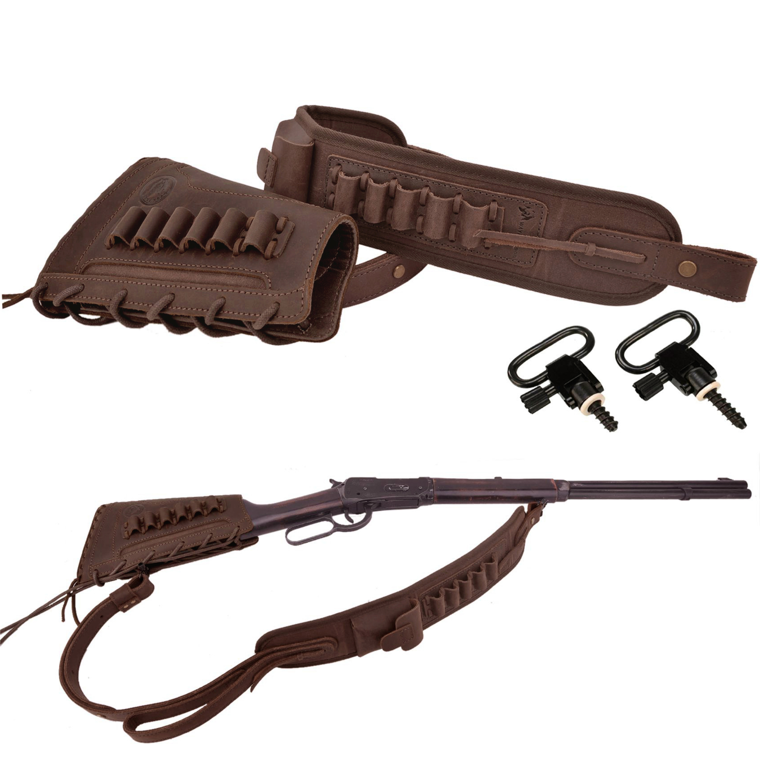 Leather Gun Buttstock Holster with Canvas Gun Sling / 2 Swivels .308 .30-06 .45-70 .357 .30-30 .22LR .17hmr