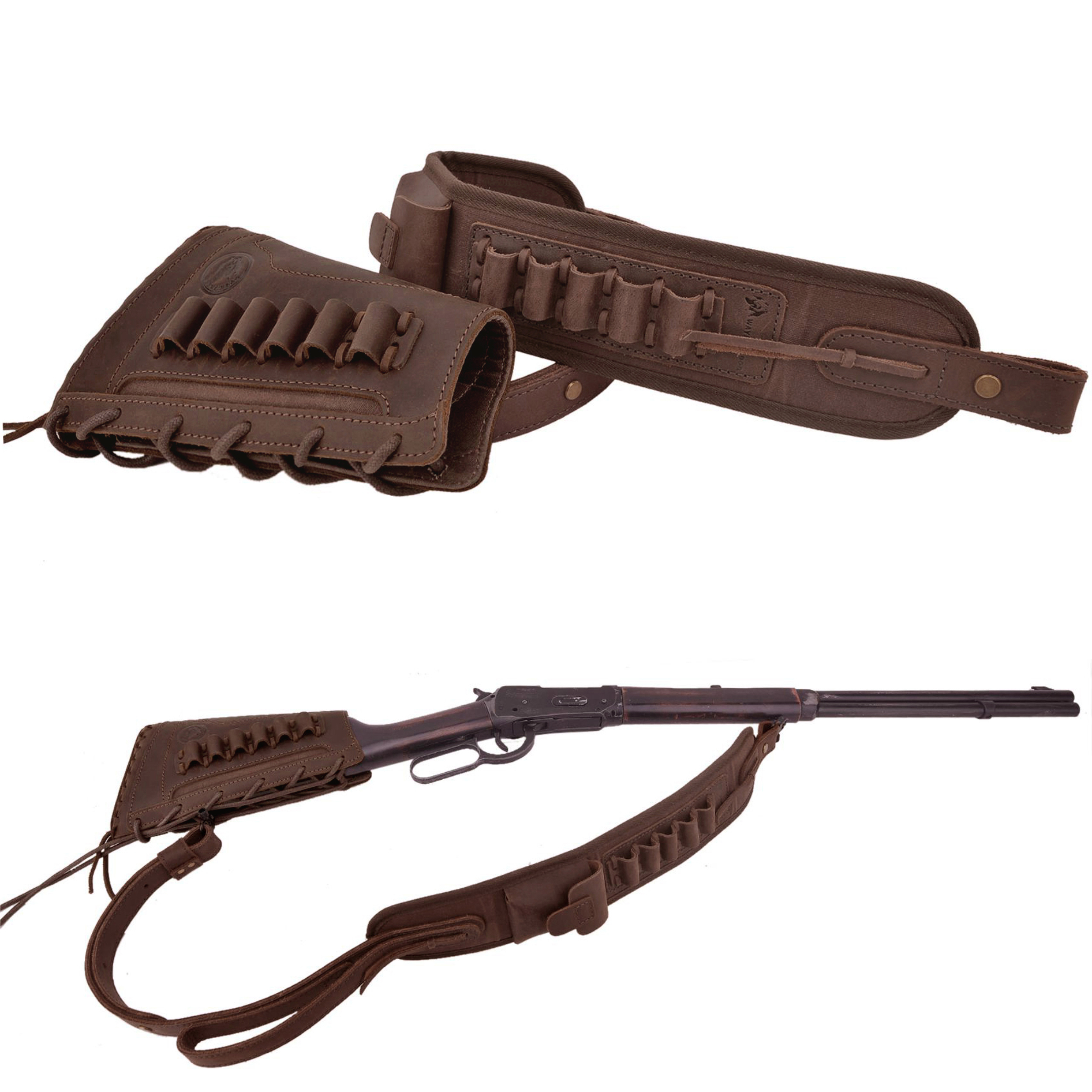 Leather Gun Buttstock Holster with Canvas Gun Sling / 2 Swivels .308 .30-06 .45-70 .357 .30-30 .22LR .17hmr