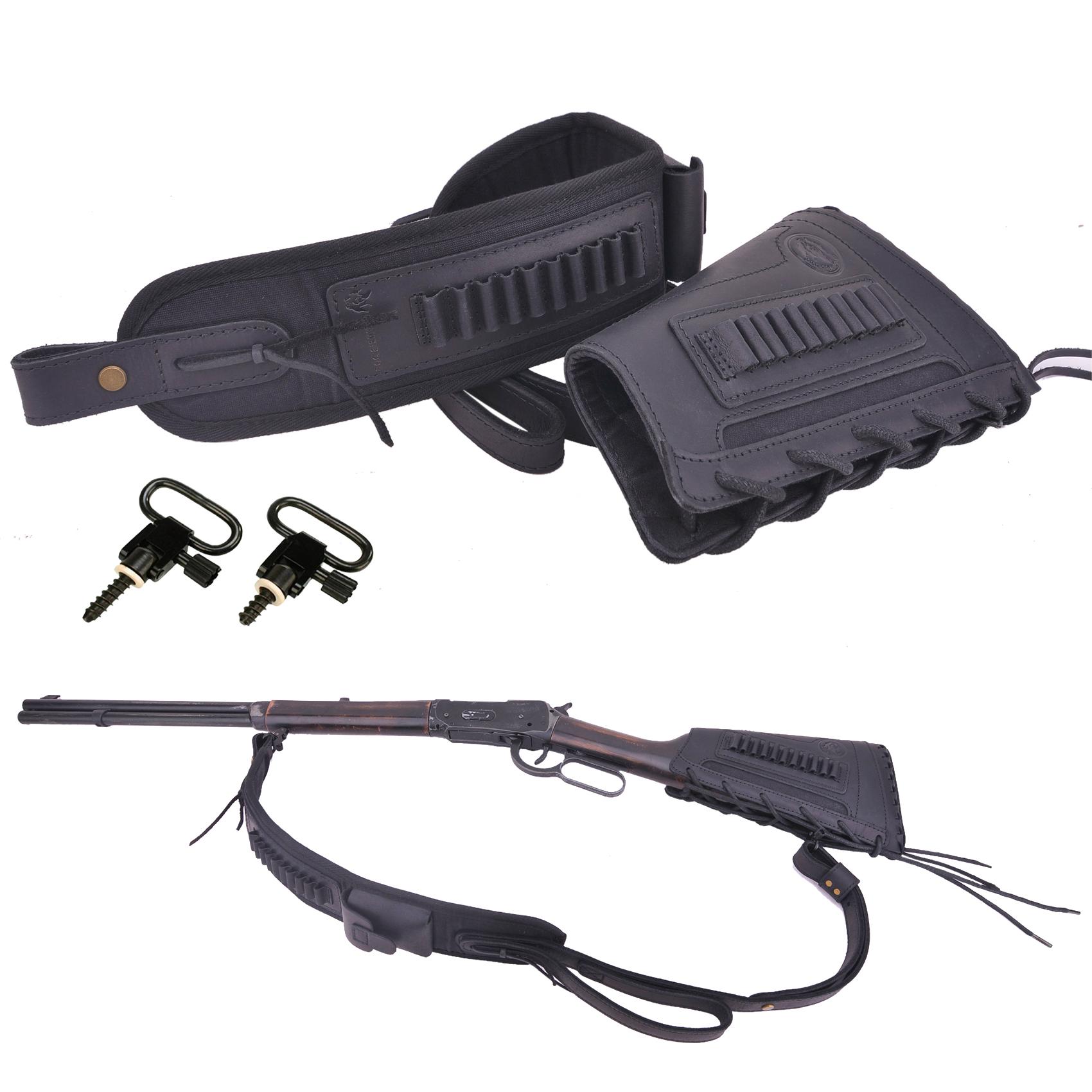 Leather Gun Buttstock Holster with Canvas Gun Sling / 2 Swivels .308 .30-06 .45-70 .357 .30-30 .22LR .17hmr