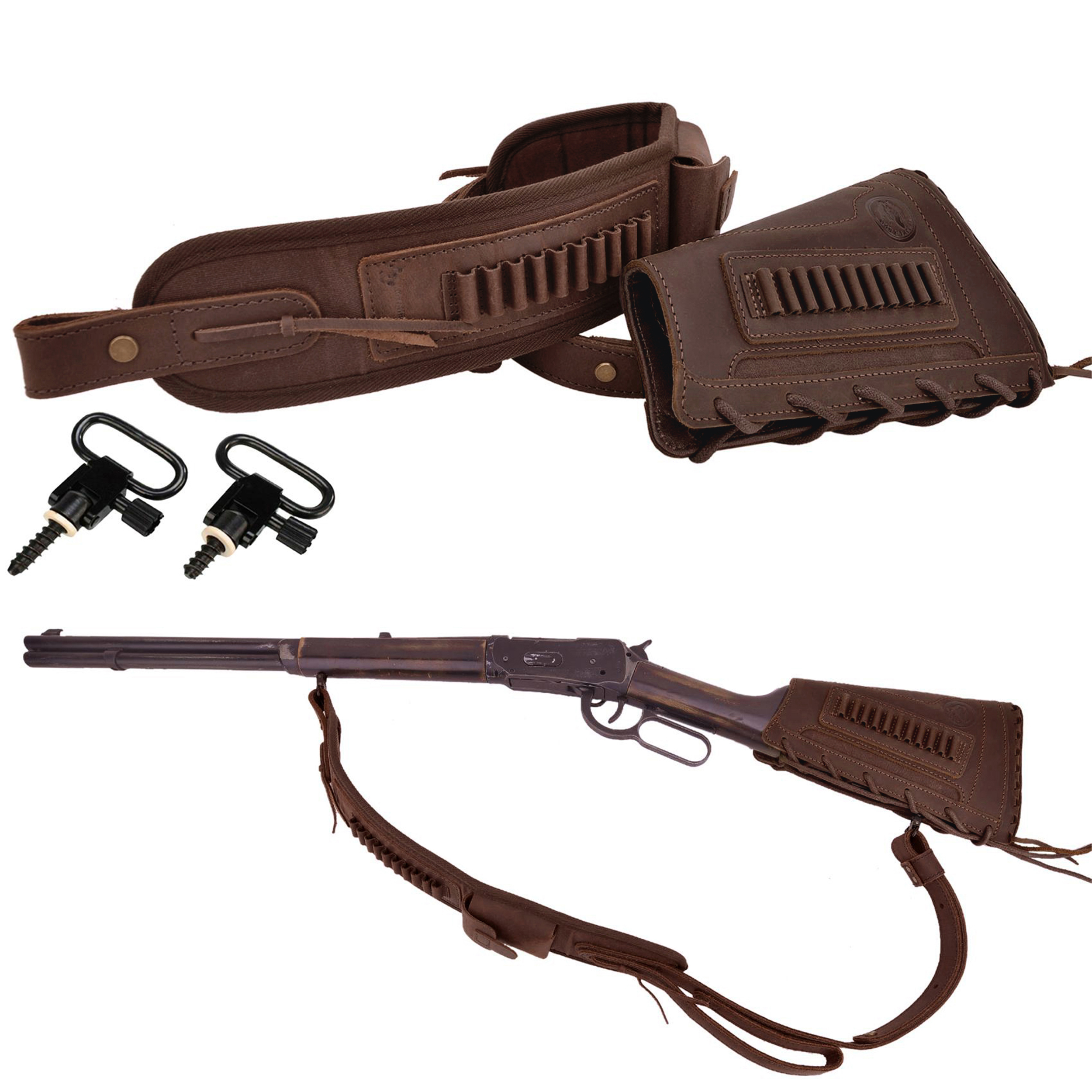 Leather Gun Buttstock Holster with Canvas Gun Sling / 2 Swivels .308 .30-06 .45-70 .357 .30-30 .22LR .17hmr