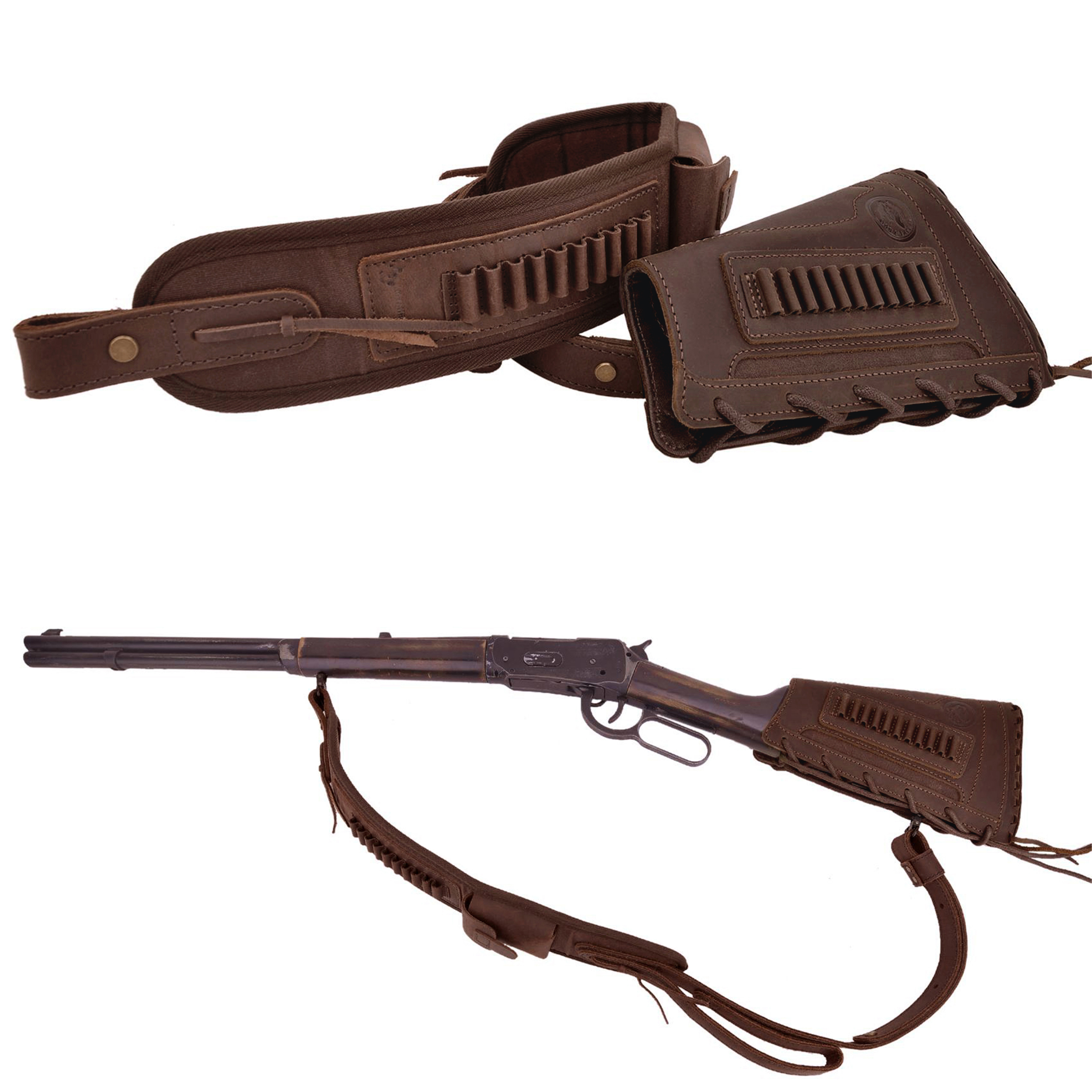 Leather Gun Buttstock Holster with Canvas Gun Sling / 2 Swivels .308 .30-06 .45-70 .357 .30-30 .22LR .17hmr