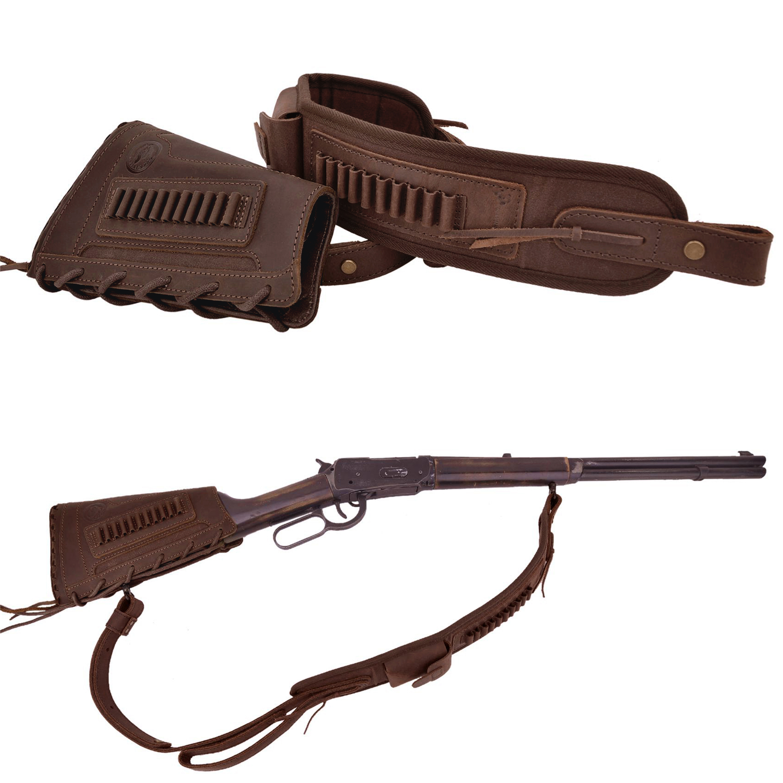 Leather Gun Buttstock Holster with Canvas Gun Sling / 2 Swivels .308 .30-06 .45-70 .357 .30-30 .22LR .17hmr