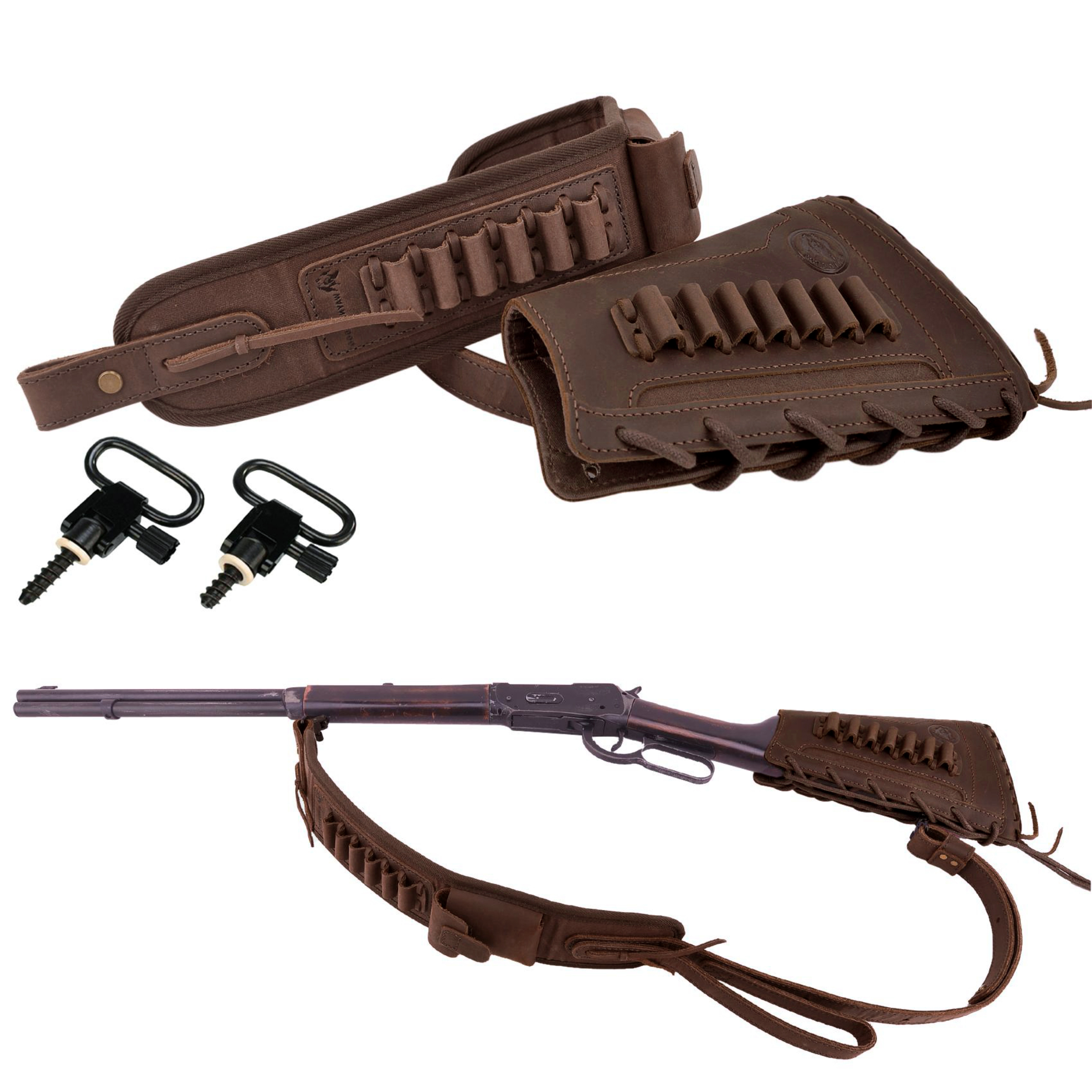 Leather Gun Buttstock Holster with Canvas Gun Sling / 2 Swivels .308 .30-06 .45-70 .357 .30-30 .22LR .17hmr