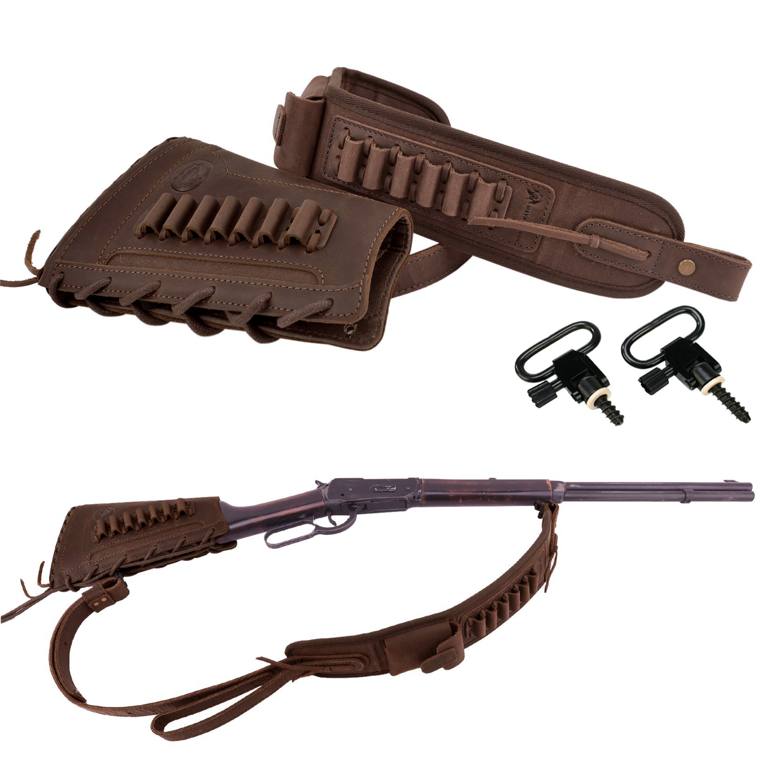 Leather Gun Buttstock Holster with Canvas Gun Sling / 2 Swivels .308 .30-06 .45-70 .357 .30-30 .22LR .17hmr