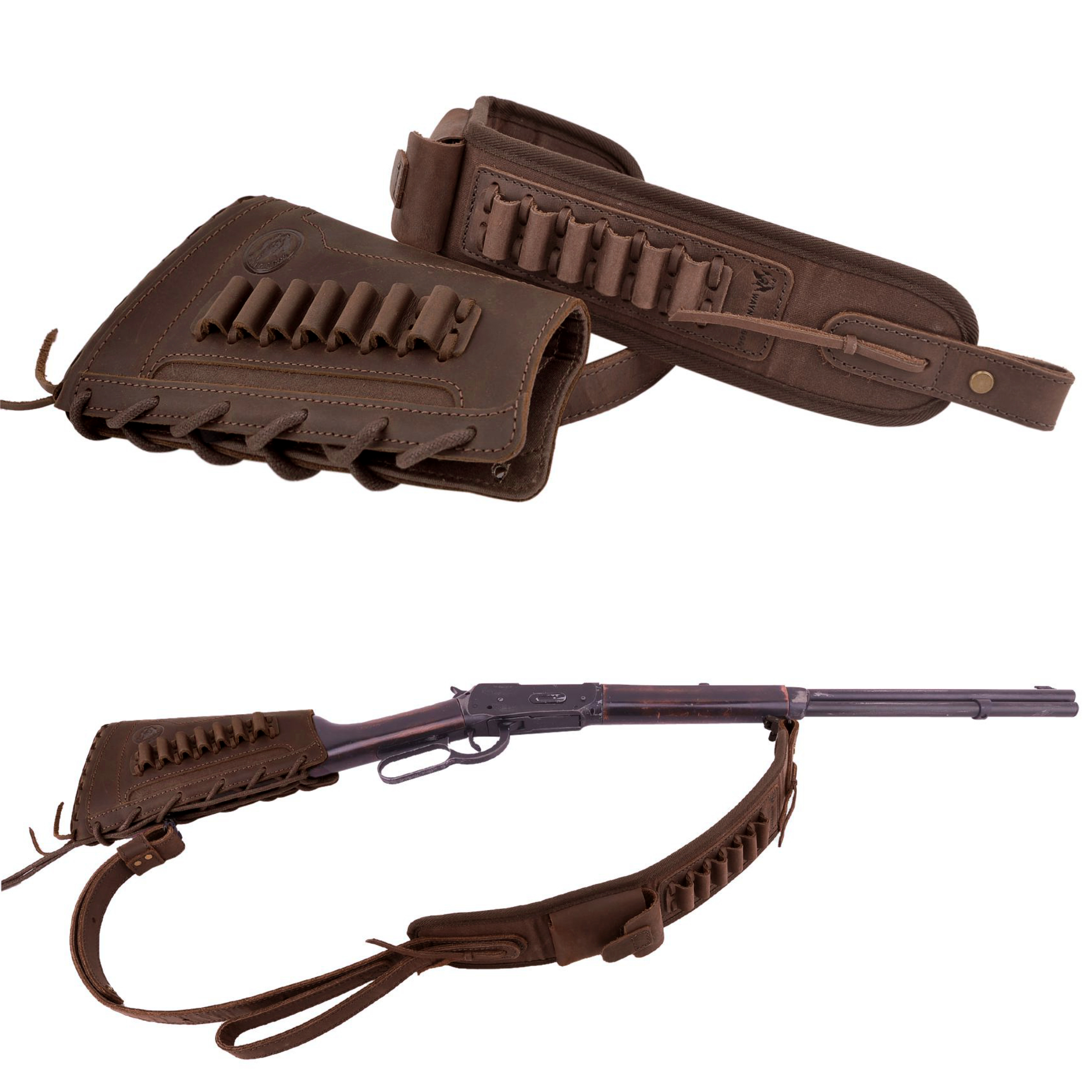Leather Gun Buttstock Holster with Canvas Gun Sling / 2 Swivels .308 .30-06 .45-70 .357 .30-30 .22LR .17hmr